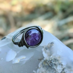 Amethyst Ring with Gunmetal Grey Band - Gothic Jewelry - Custom Size Rings for Women