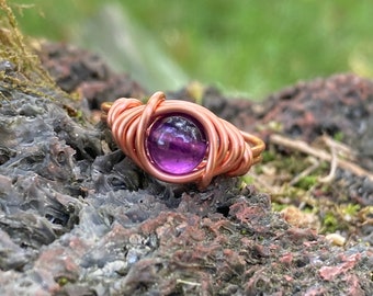 Amethyst Ring - Copper Band - Ethically Sourced Crystal Zodiac Jewelry for Pisces Scorpio and Sagittarius Peace Stone for Soothing Dreams