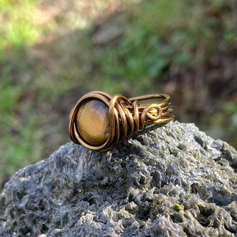 Tigers Eye Ring in Antique Brass Think Band with Swirl Real Gemstone Jewelry for Woman Custom Size Earthy Rings Unique Cats Eyes Earth Tone image 1