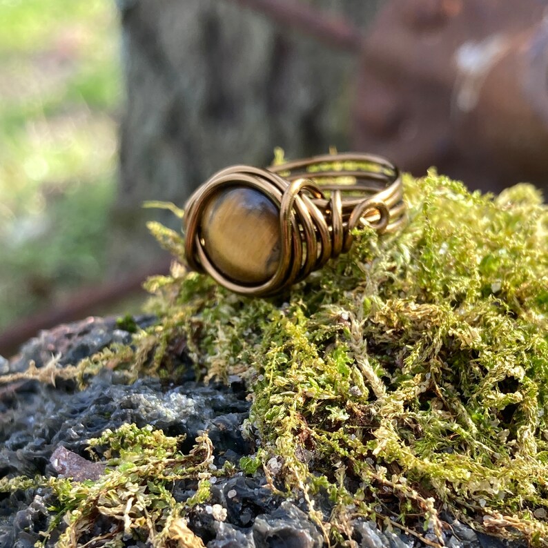 Tigers Eye Ring in Antique Brass Think Band with Swirl Real Gemstone Jewelry for Woman Custom Size Earthy Rings Unique Cats Eyes Earth Tone image 4