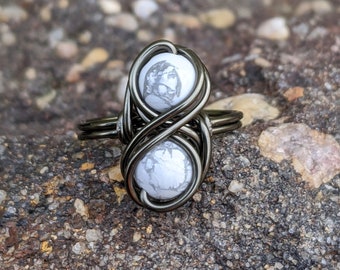 Gemstone Infinity Ring - White Howlite Jewelry with Grey Matrix - Wire Wrapped Gunmetal Band - Custom Size
