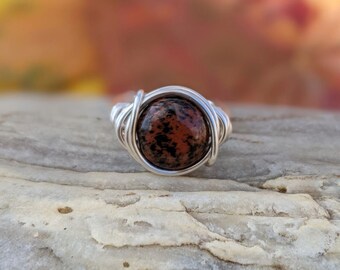 Mahogany Jasper Ring in Silver - Wire Wrapped Jewelry - Non tarnish Custom Size Rings for Women