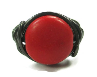 Wire Wrapped Ring - Red Gemstone Jewelry, Gunmetal Wire Wrapped Gothic Jewelry - Custom Sized Rings