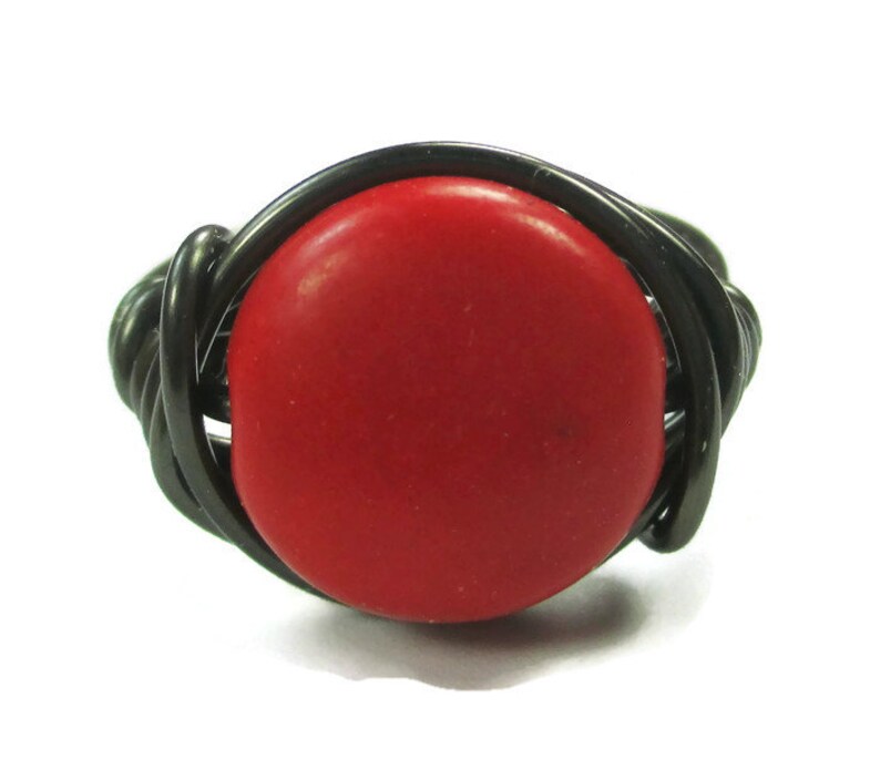 Wire Wrapped Ring Red Gemstone Jewelry, Gunmetal Wire Wrapped Gothic Jewelry Custom Sized Rings image 1