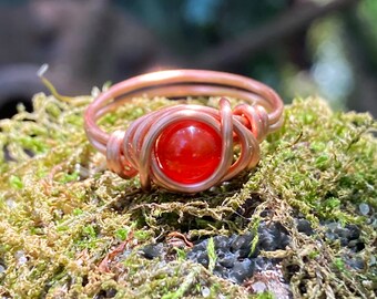 Carnelian Crystal Ring in Copper Wire Wrapped Healing Stone Jewelry