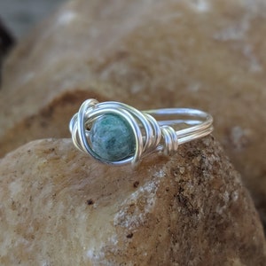 Green Jasper Ring with Wire Wrapped Silver Band and 6mm Stone Custom Size Rings for Girls and Woman - Boho Jewelry