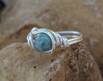 Green Jasper Ring with Wire Wrapped Silver Band and 6mm Stone Custom Size Rings for Girls and Woman - Boho Jewelry