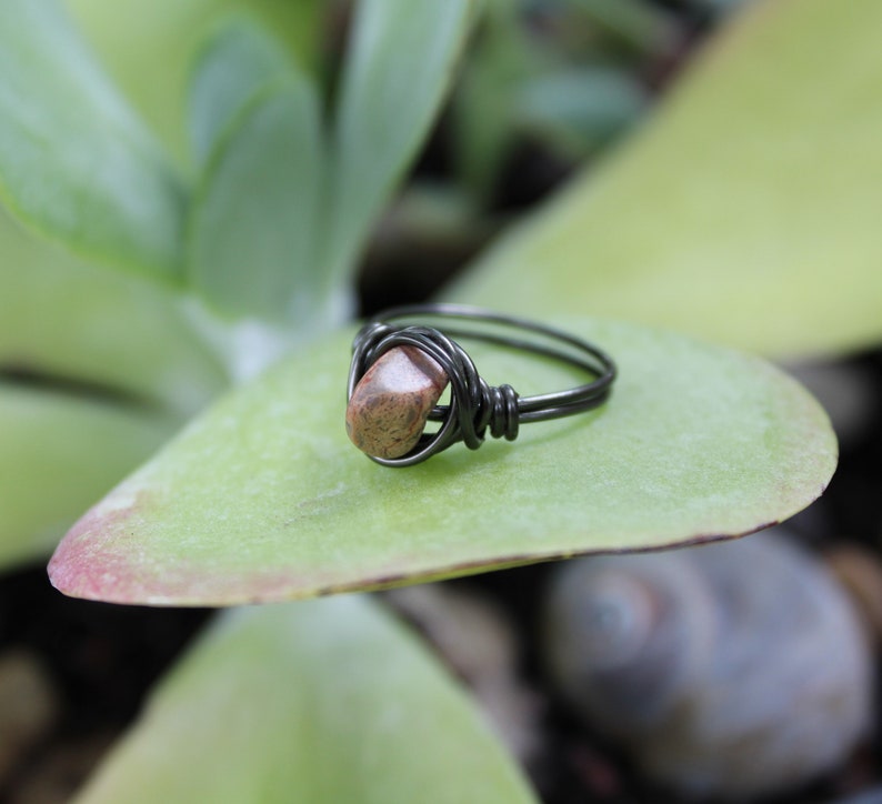 Wire Wrapped Rustic Jewelry Unique Raw Stone Ring Earth Tone Jewelry Gunmetal Gray Ring Size 7 Boho OOAK I love Grasshoppers