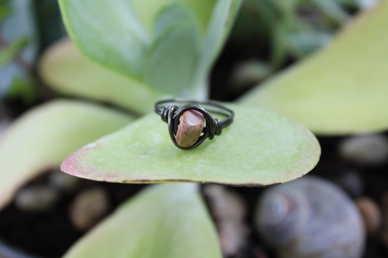 Wire Wrapped Rustic Jewelry Unique Raw Stone Ring Earth Tone Jewelry Gunmetal Gray Ring Size 7 Boho OOAK I love Grasshoppers