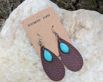 Boho Earrings - Faux Leather and Turquoise Jewelry - Hypoallergenic Surgical Steel - Earthy Accessories