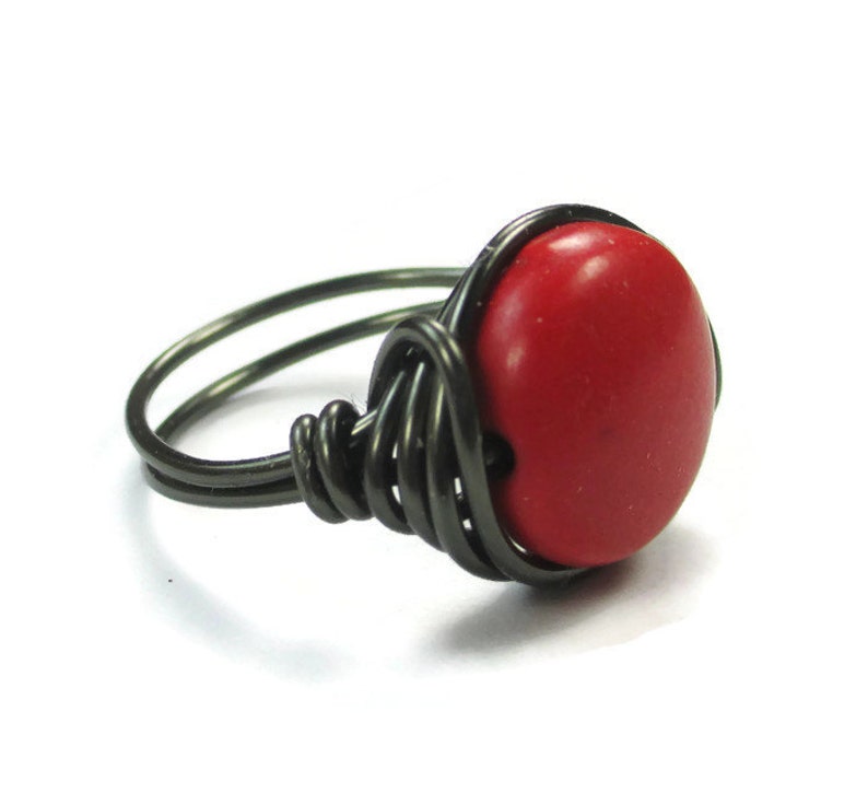 Wire Wrapped Ring Red Gemstone Jewelry, Gunmetal Wire Wrapped Gothic Jewelry Custom Sized Rings image 2