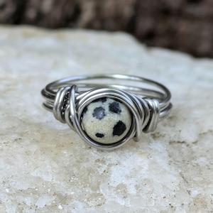 Dalmatian Jasper Ring Stainless Steel Band  Cow Ring - Hypoallergenic Crystal Healing Jewelry