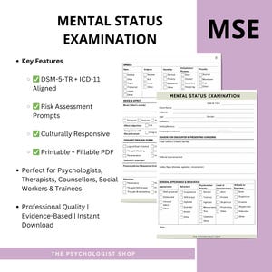 Op de afbeelding: Een afdrukbaar Mental Status Examination (MSE) formulier. Het formulier bevat secties voor spraak, stemming, denkproces en algemeen voorkomen. Het is afgestemd op DSM-5-TR + ICD-11 en bevat risicobeoordelingsprompts. Ontworpen voor psychologen en therapeuten.