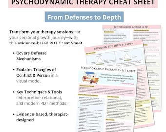 May include: A white and pink Psychodynamic Therapy Cheat Sheet with the text "PSYCHODYNAMIC THERAPY CHEAT SHEET" and "From Defenses to Depth". The sheet covers defense mechanisms, triangles of conflict, key techniques, and is evidence-based.
