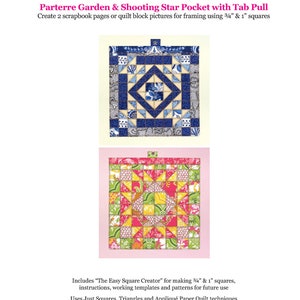 Könnte beinhalten: Ein Papier-Quiltmuster für einen Parterre-Garten & Shooting Star Pocket mit Lasche. Das Muster enthält Anleitungen, Vorlagen und Muster für die zukünftige Verwendung. Es verwendet nur Quadrate, Dreiecke und Applikations-Papierquilt-Techniken. Das Muster ist nur für den persönlichen Gebrauch bestimmt.
