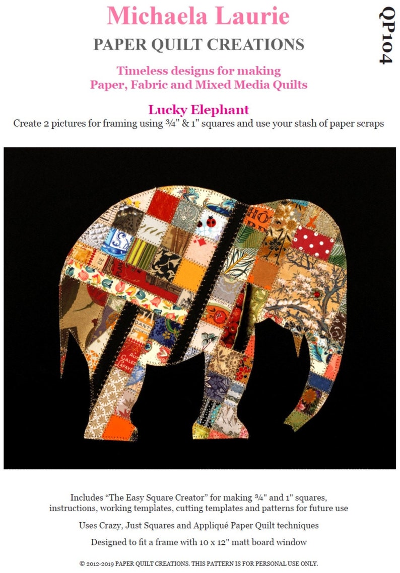 Lucky Elephant Paper Quilt Picture Pattern QP104 image 1