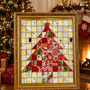 May include: A framed Christmas tree quilt with a gold frame. The tree is made of red and white patterned fabric squares, with a gold star and angel at the top. The background is a grid of yellow and white squares. The frame is sitting on a wooden surface.