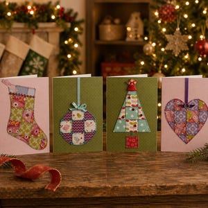 May include: Four Christmas greeting cards with patchwork designs. The cards feature a stocking, ornament, Christmas tree, and heart. The cards are on a wooden table with a red ribbon and a lit candle in the foreground. A Christmas tree and stockings are in the background.