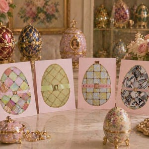 May include: Four pink greeting cards with egg designs, each featuring a different pattern and color scheme. Decorative Easter eggs and a floral arrangement are in the background. A small, ornate jewelry box and a decorative plate are in the foreground.