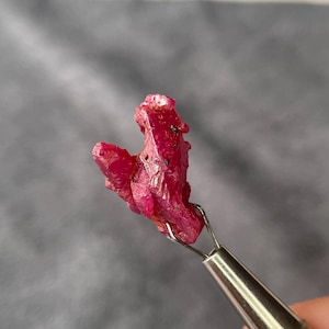 May include: A raw ruby gemstone, held by a metal tool. The ruby is a deep red colour with a rough, textured surface. Small dark inclusions are visible within the stone. The background is a blurred grey.