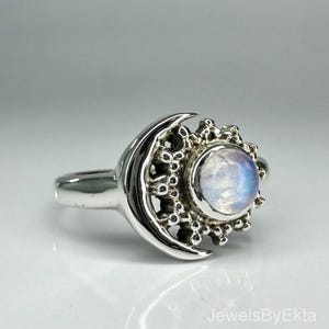 Moon Ring, Sun+Moon Design Moonstone Jewelry, 925 Sterling Silver