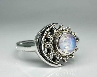 Moon Ring, Sun+Moon Design Moonstone Jewelry, 925 Sterling Silver