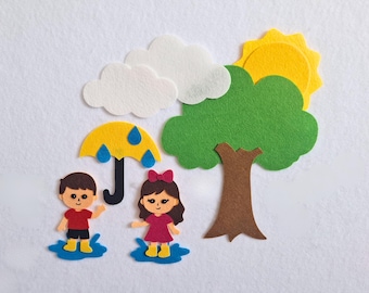 May include: A felt craft set featuring two children in rain gear, a yellow umbrella with blue raindrops, white clouds, a bright yellow sun, and a green tree with a brown trunk. The figures stand in blue puddles on a white textured surface.