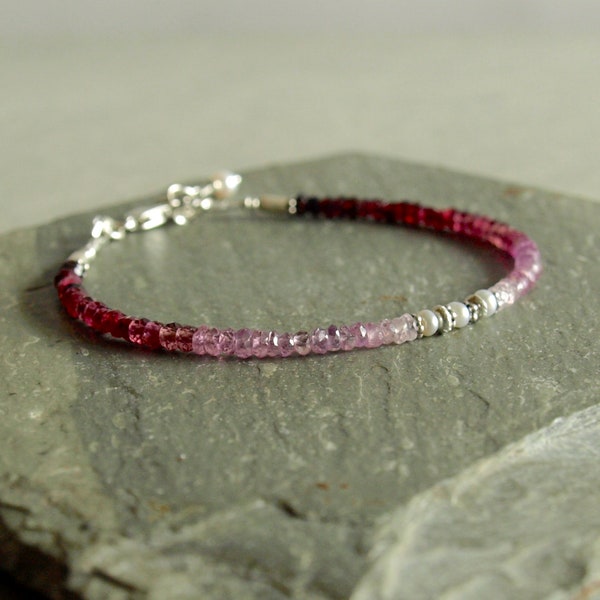 Natural Ruby Bracelet with pearls in sterling silver, small shaded pink purple red white ombre gemstones, Valentine gift, women's jewelry