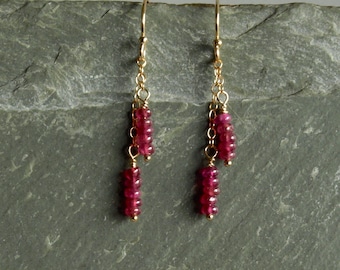 Natural Ruby Earrings, small raspberry red rubies on gold chain, July birthstone, dainty precious women's jewelry