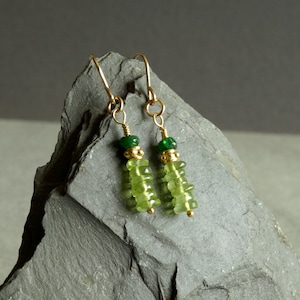 Peridot and Tsavorite Green Garnet earrings in gold, August birthstone, small slim stack women's jewelry