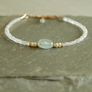 Aquamarine Bracelet with moonstone and pearls, March birthstone, June, bridal, natural gemstones, gift for her jewelry