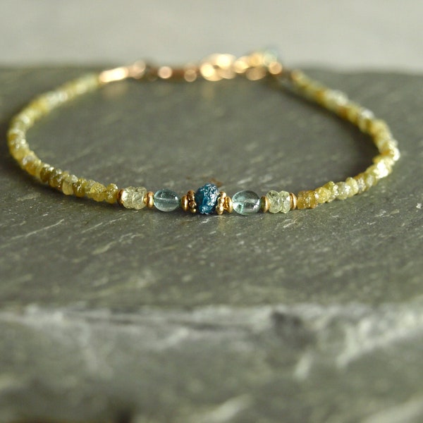 Tiny raw yellow and blue diamond bracelet with blue tourmaline and light yellow sapphires, gold beads, raw natural real diamond jewelry