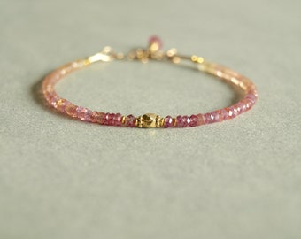 Soft Sapphire Bracelet, peach, lemon, rose, pink sapphires, multi pastel spring colors, ruby, gold beads, small natural stone jewelry