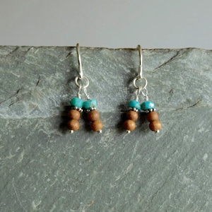 Turquoise Wood earrings, small raw Sleeping Beauty turquoise and round sandalwood beads double sticks in sterling silver