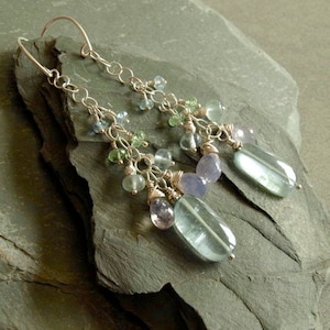 Aquamarine Cluster Earrings, sterling, long multi stone pastel gem dangles, light green garnet, scorolite, natural jewelry