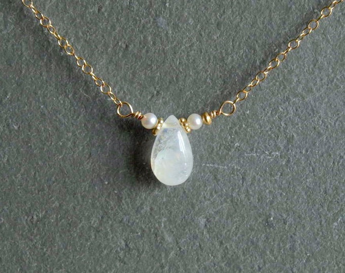 Pearl and Moonstone Necklace With Gold Chain and Small Gold - Etsy