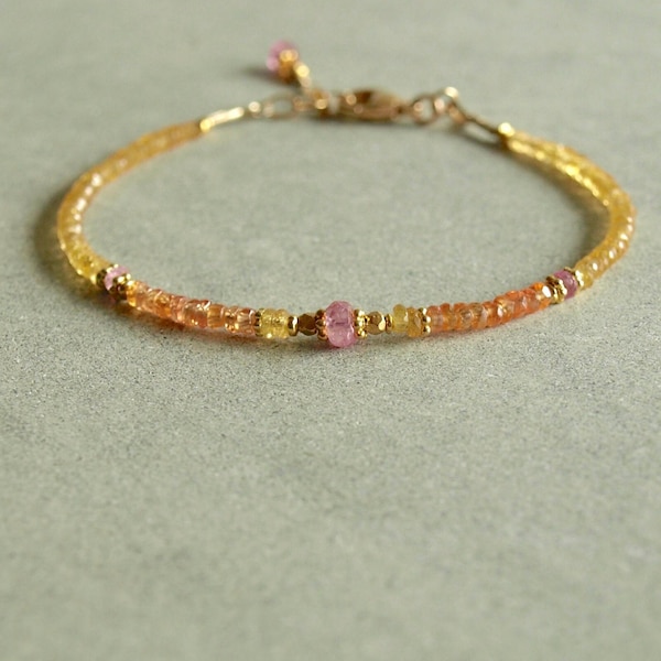 Orange Pink Sapphire bracelet, golden yellow sapphires, sweet spring colors, uplifting, gold beads, September stone, feminine, gift jewelry