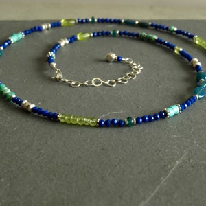 Blue Lapis Necklace in sterling, rare teal opals, sleeping beauty turquoise, green peridot, small beads, dainty multi gemstone jewelry