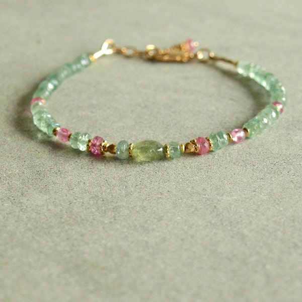 Blue Green Tourmaline bracelet, small rubellite pink tourmaline ovals, pink sapphires, gold beads, soft spring colors, blue green jewelry