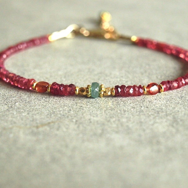 Rare Red Padparadscha Bracelet, blue tourmaline, orange sapphire, gold beads, small grapefruit ruby RED, color changing multi stone jewelry