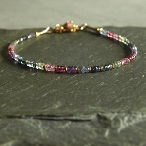 Sapphire Bracelet, multi color, violet, pink, rose, blue, teal, green, gold beads, minimal, elegant small dainty women's gift jewelry