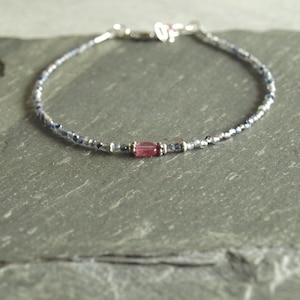 Tiny blue sapphire and light pink tourmaline bracelet, natural dainty stones, sterling beads, layering, gift, minimal boho sapphire jewelry