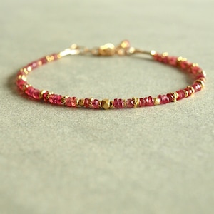 Natural Red Sapphire Bracelet, small multi gold beads, rare real Padparadscha red sapphires, special occasion gift, women's sapphire jewelry