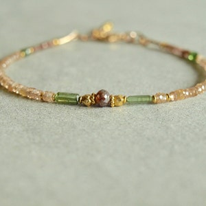 Red Diamond Sapphire Bracelet with green tourmaline, brown red real diamond, tiny tan peach sapphires, gold beads, slim elegant jewelry