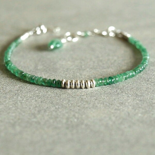 Emerald Bracelet, stacking, small genuine emeralds, sterling, natural emeralds, tiny beads, precious gemstones, may birthday emerald jewelry