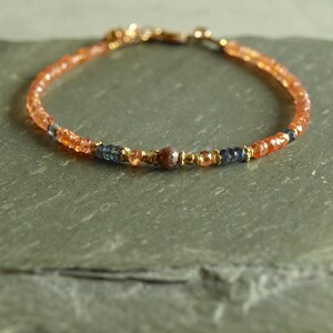 Red Diamond Sapphire bracelet, real raw polished reddish diamond, rare teal blue and orange Padparadscha sapphires, small bead jewelry