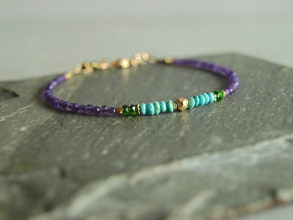 Turquoise Amethyst Bracelet With Chrome Green Tourmaline, Gold Beads, Small  Natural Gemstones, Blue Green Purple Color Jewelry - Etsy