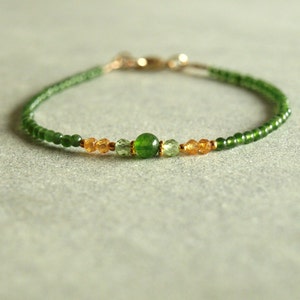 Solid Gold Jade Bracelet, natural green jade, Mandarin orange garnet, 18K solid gold beads, dainty gems, women's gift 14K solid gold jewelry