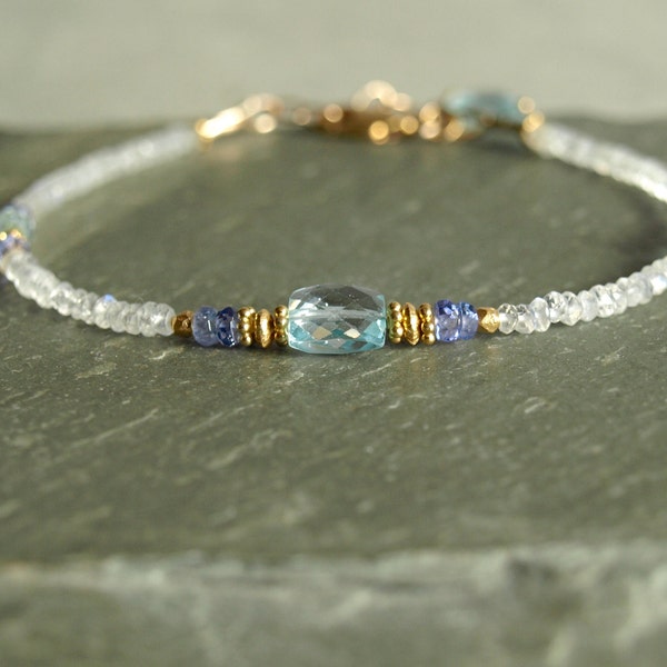 Swiss Blue Topaz Bracelet with violet blue tanzanite and blue flash moonstone, gold beads, natural stones, elegant women's gift jewelry