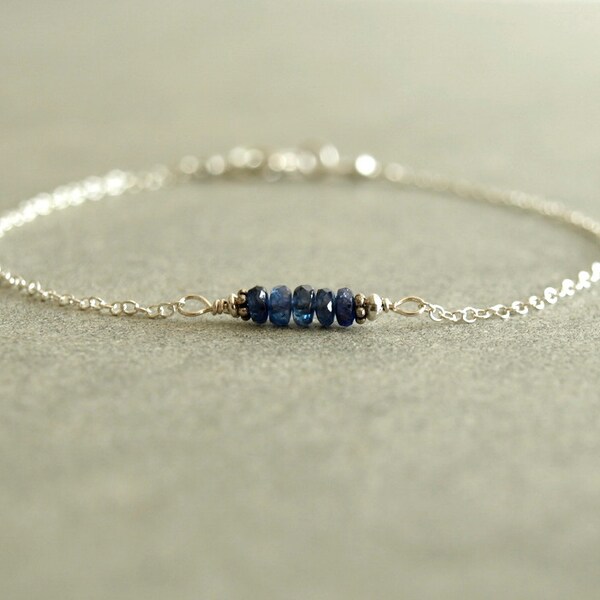 Blue Sapphire Bracelet, small genuine blue sapphires, sterling silver, natural real sapphire beads chain, blue sapphire jewelry gemstones